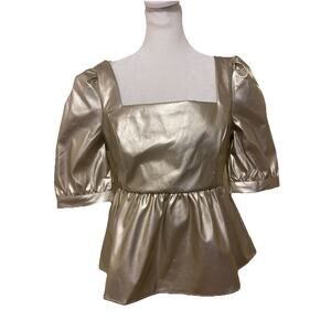 TCEC Metallic Gold Puff Sleeves Pleather Babydoll Blouse M